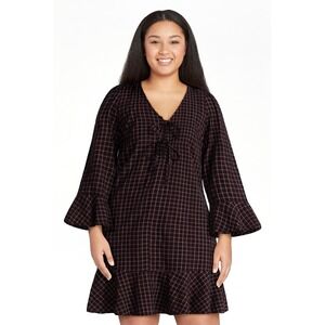 TIME & TRU Plaid Tie Front Mini Dress Bell Sleeves XXXL (22W) Black Red 3XL NWT